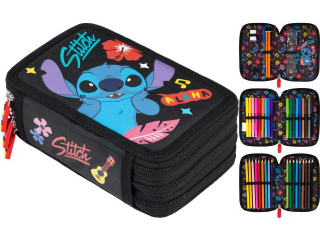 Piórnik szkolny potrójny z wyposażeniem STITCH BLACK ALOHA