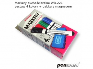 MARKERY SUCHO�CIERALNE WB-221 ZESTAW 4 KOLORY+G�BKA Z MAGNESEM PAPIEROWY BOX (SZPSH)