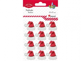 Naklejki papierowe 3D czapka Mikoaja 27x25mm (karton, pianka, pompon) 12szt.