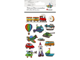 Naklejki foliowe 3D na piance 3D pojazdy 13szt. pociąg, samolot, balon, rakieta, helikopter, ufo, czołg, autobus, auto, rakieta, statek, żagłówka, łód