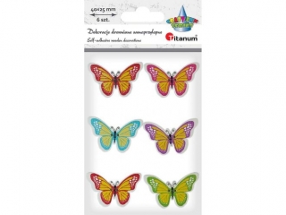 Drewniane motyle 40x25mm guziki na piance 3D mix kolorw 6szt. jasnoczerwony, rowy, jasnoniebieski, jasnofioletowy, czerwony, jasnozielony