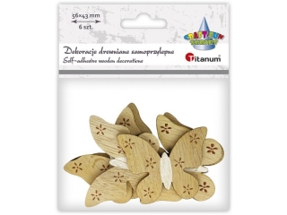 Drewniane dekoracje samoprzylepne motyle 56x43mm naturalne z biaym tuowiem 6szt.