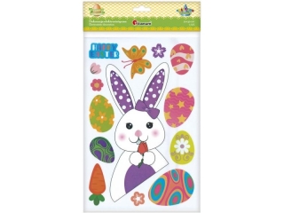 Dekoracje elektrostatyczne zajc z tulpanem, pisanki, motyl, marchewka, kwiaty, napis HAPPY EASTER 14szt.