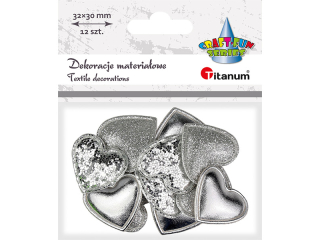 Dekoracje materiaowe serca PU 32x30mm 3 wzory: drobny brokat, duy brokat, gadkie srebrne 12szt.