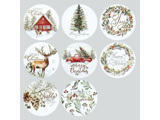 Naklejki papierowe na tamie O25mm 8 wzorw Boe Narodzenie choinka, wianki, grska chata, pick-up z choinkami, renifer 500szt. szeroko tamy 29mm
