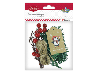 Zestaw do dekoracji prezentu: girlanda plastikowa dugo 45cm, gazki ywotnika 6szt., gazki jarzbiny 2szt., suche gazki 2szt., sznurek jutowy 