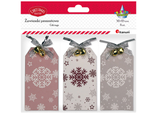 Zawieszki prezentowe z wiszcym patkiem niegu i 2 dzwoneczkami 50x95mm 3 wzory 6szt.