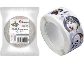 Naklejki papierowe na taśmie 8 wzorów psy O25mm 500szt. szerokość taśmy 28mm