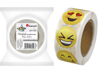Naklejki papierowe na taśmie 8 wzorów emotikony O25mm żółte 500szt. szerokość taśmy 28mm