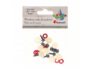 Oczy do maskotek plastikowe O10mm z mocowaniem za pomocą zapinki brokatowe czerwone 8kpl.