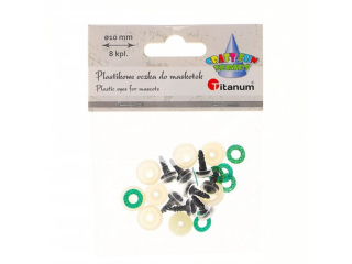 Oczy do maskotek plastikowe O10mm z mocowaniem za pomocą zapinki brokatowe zielone 8kpl.