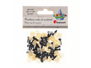 Oczy do maskotek plastikowe O6mm z mocowaniem za pomocą zapinki czarne 50kpl.
