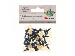 Oczy do maskotek plastikowe O9mm z mocowaniem za pomocą zapinki czarne 30kpl.