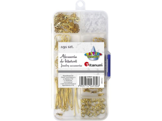 Akcesoria do biżuterii 191 elementów złote szpilki jubilerskie z łepkiem (gwoździe) 35mm - 15szt., haczyki jubilerskie 35mm - 15szt., bigle zapinane 1