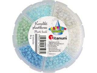 Koraliki plastikowe O3mm 6 kolorw: biae, bkitne, jasnoniebieskie, mitowe, jasnote 80g pojemnik O80mm z indywidualnym otwieraniem kadego kolor