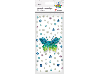 Krysztaki samoprzylepne motyl 3D 75x60mm, motyle akrylowe 10x8mm, kwiatki O7mm, pereki serca 8x8mm, pereki O5, 5mm turkusowe, bkitne, rowe, bia