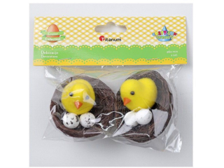 Kury flokowane ��te z 2 styropianowymi nakrapianymi jajkami w br�zowym gniazdku 4szt. TITWLK26