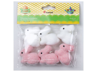 Dekoracje styropianowe króliki flokowane 46x46mm białe, różowe 6szt. TITWLK26