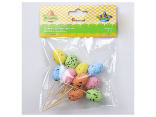 Dekoracje styropianowe jajka na piku przepi�rcze 18x25mm ��te, pomara�czowe, zielone, niebieskie, r�owe d�ugo�� piku ok. 110mm 10szt. TITWLK26
