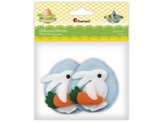 Dekoracje filcowe 3D jajka z bia�ym kr�likiem trzymaj�cym marchewk� 61x70mm b��kitne 2szt. TITWLK26