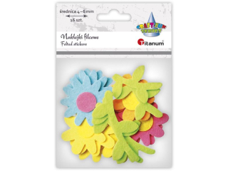 Naklejki filcowe 3D kwiatki: 45x40/49x45/40x35mm kolory: ciemnor�owy, cytrynowy, jasnoniebieski, jasnopomara�czowy, �odygi z li��mi 38x68/40x46mm jas