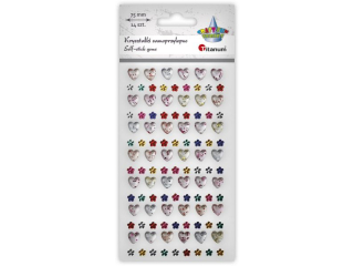 Kryształki samoprzylepne na pasku 75mm mix serca 90x100mm przezroczyste z brokatem, kwiaty O6mm mix kolorów 14szt. TITWLK26