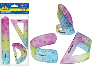 Komplet geometryczny 3 elementy z ozdobnym, tęczowym nadrukiem, elastyczny zawiera: linijkę 20cm, ekierkę 12cm, kątomierz
