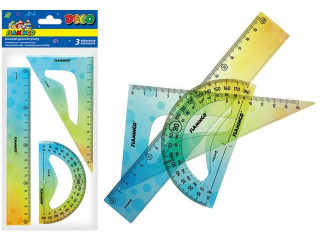Komplet geometryczny 3 elementy z ozdobym, kolorowym nadrukiem zawiera: linijkę 20cm, ekierkę 14cm, kątomierz