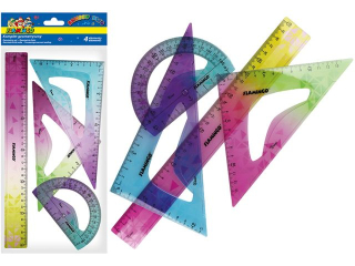 Komplet geometryczny 4 elementy z ozdobnym, tęczowym nadrukiem zawiera: linijkę 30cm, 2 ekierki: 13cm/19, 5cm, kątomierz