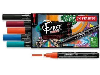 Marker STABILO Free Acrylic T300 Urban Set etui kartonowe 5 szt. (ziele turkusowa, ciemnoniebieski, jasnoczerwony, purpurowy, czarny) [opakowanie=5sz