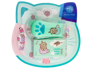 Mini zszywacz ASTRAPEN ANIMALS Mi� + zszywki w komplecie - 1+1 szt. blister [opakowanie=24szt]