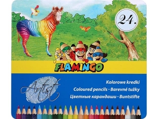 Kredki owkowe FLAMINGO szecioktne 24 kolory, metalowe pudeko