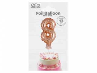 Balon foliowy 13 cm na patyczku "Cyfra 8", rowo-zota