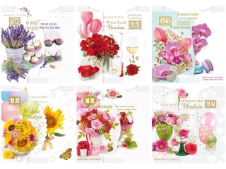 Kartki laurka B6S -skadana Urodziny z paskami zest. 593 kwiaty