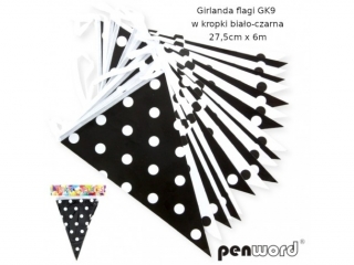 GIRLANDA FLAGI GK9 W KROPKI BIAŁO-CZARNA 27, 5cmx6m
