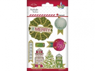 Naklejki drewniane Boże Narodzenie miasteczko, wianek, bombki 6szt.