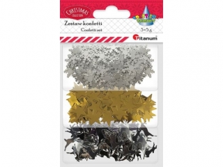 Konfetti zestaw Boże Narodzenie 3 wzory x5g biały/złoty/srebrny płatki śniegu białe 20mm, gwiazdki złote 15x15mm, renifery srebrne 19x17mm