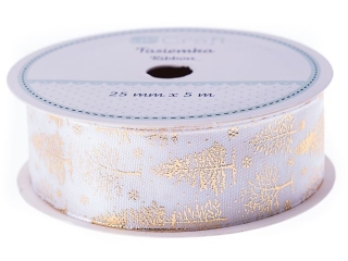 Tasiemka DPCRAFT white christmas, 25 mm x 5m, choinki