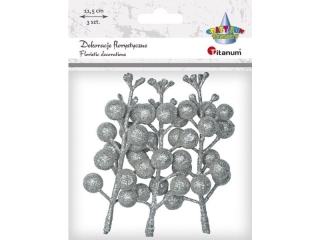 Gałązki owoców winobluszczu 45x105mm srebrne brokatowe 3szt. średnica owocu 13mm